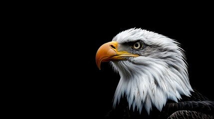 Obraz premium Close-up portrait of an American bald eagle against a dark backdrop.