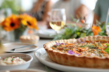 Thanksgiving family dinner. Traditional pumpkin pie and vegan meal close up, with blurred happy people around the table celebrating the holiday.