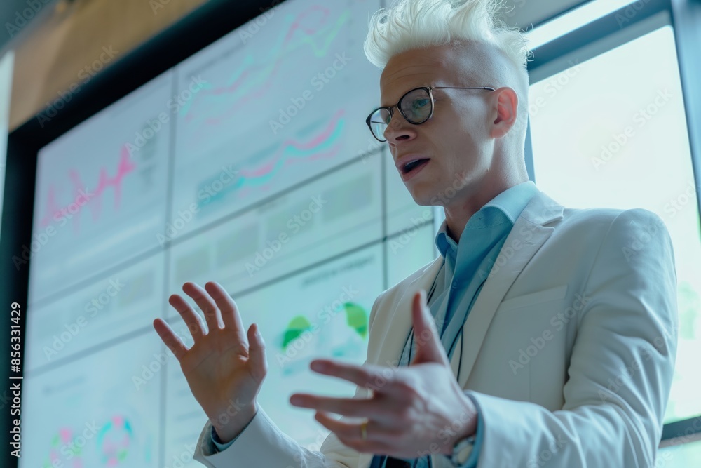 Poster businessman is gesturing while explaining charts on a wall displaying financial data to colleagues i