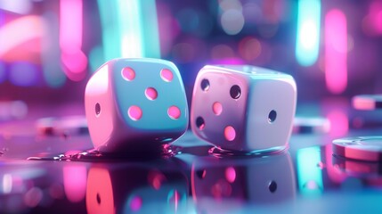 Glowing dice on reflective surface with neon lights. Casino gambling background