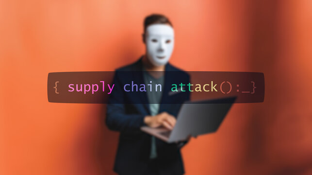 Cybersecurity concept supply chain attack on foreground screen, hacker silhouette hidden with low poly style mask. Vulnerability and attack on colored code editor. Text in English, English text