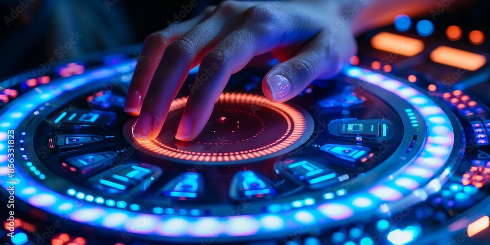 Poster Hand interacting with an illuminated digital interface, showcasing futuristic technology and the seamless control of modern electronic devices, Generative AI