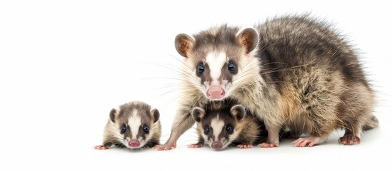 Fototapeta premium Amusing opossum with adorable baby possums on its back against a simple white background, wild animals concept, banner