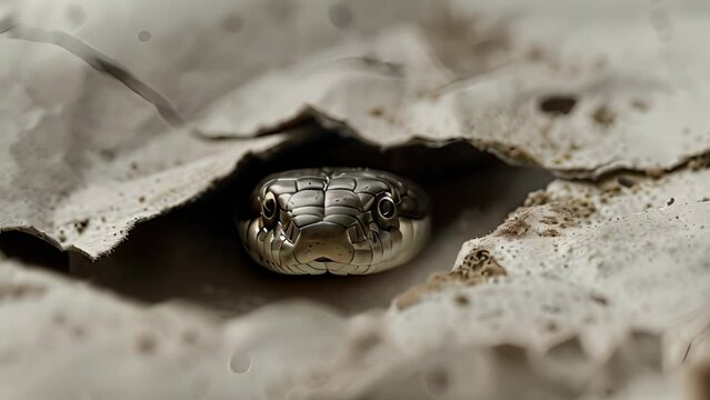 A snake is peeking out from a hole in a wall