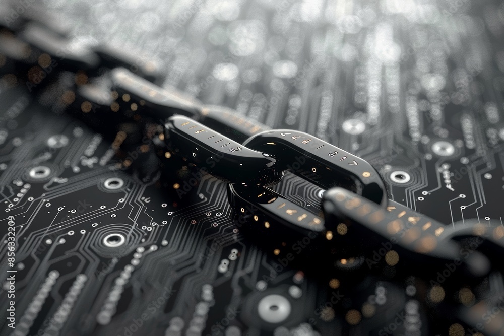 Poster Digital chain on a circuit board, symbolizing blockchain technology, cybersecurity, and the secure connection of modern digital systems, Generative AI