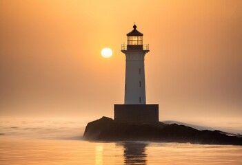 solitary lighthouse misty dawn light, beacon, beam, brightness, clear, crack, cozy, daylight, daybreak, deserted, desolate, dim, distant, early, first, fog