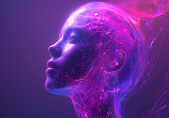3D human glass human head: Multi coloured neon spheres and line trailer inside glass human head. Artificial Intelligence concept.