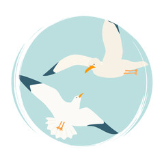 Cute hand drawn  logo or icon vector with flying seagull, illustration on circle for social media story and highlights