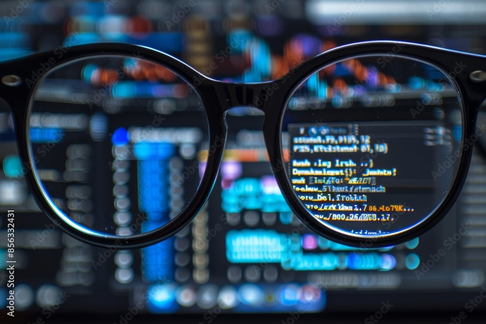 Fototapete view of programming code through glasses, emphasizing software development, digital focus, and the v