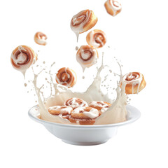 Delicious Cinnamon Rolls in Milk Splash on Transparent Background. Perfect for bakery advertising, recipe cards, food blogs, social media marketing, and dynamic food photography concepts.