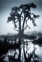 eerie foggy marshlands haunting silhouettes, misty, spooky, mysterious, murky, shadows, wetland, creepy, landscape, surreal, mist, gloomy, environment, plants, trees