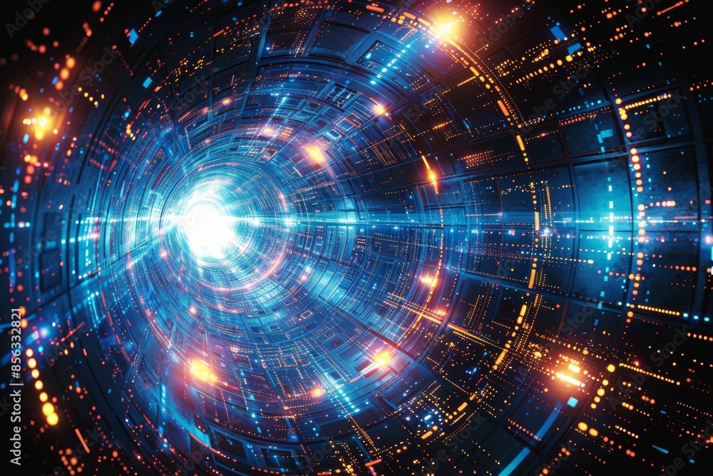 Aufkleber Futuristic data stream tunnel with bright lights, representing digital connectivity and the flow of information in a modern, high-tech world, Generative AI