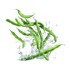 Fresh Green Beans Splashing in Clear Water on transparent Background. Perfect for food photography, health-themed designs, and cooking blog