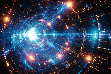 Obraz premium Futuristic data stream tunnel with bright lights, representing digital connectivity and the flow of information in a modern, high-tech world, Generative AI