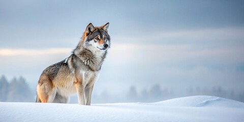 A lone wolf standing in a snowy winter landscape, wolf, winter, snow, cold, wildlife, predator, wilderness, nature, wild, icy