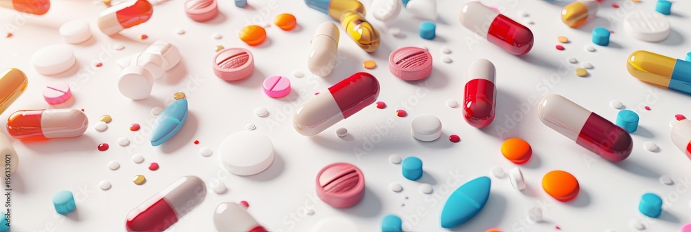 Fototapete Close-up photo of colorful pills and capsules on a white surface highlights texture and detail, creating clinical vibes. Generative AI