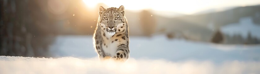 Obraz premium A majestic snow leopard runs through a winter landscape, with the sun setting in the background, creating a serene and picturesque moment.