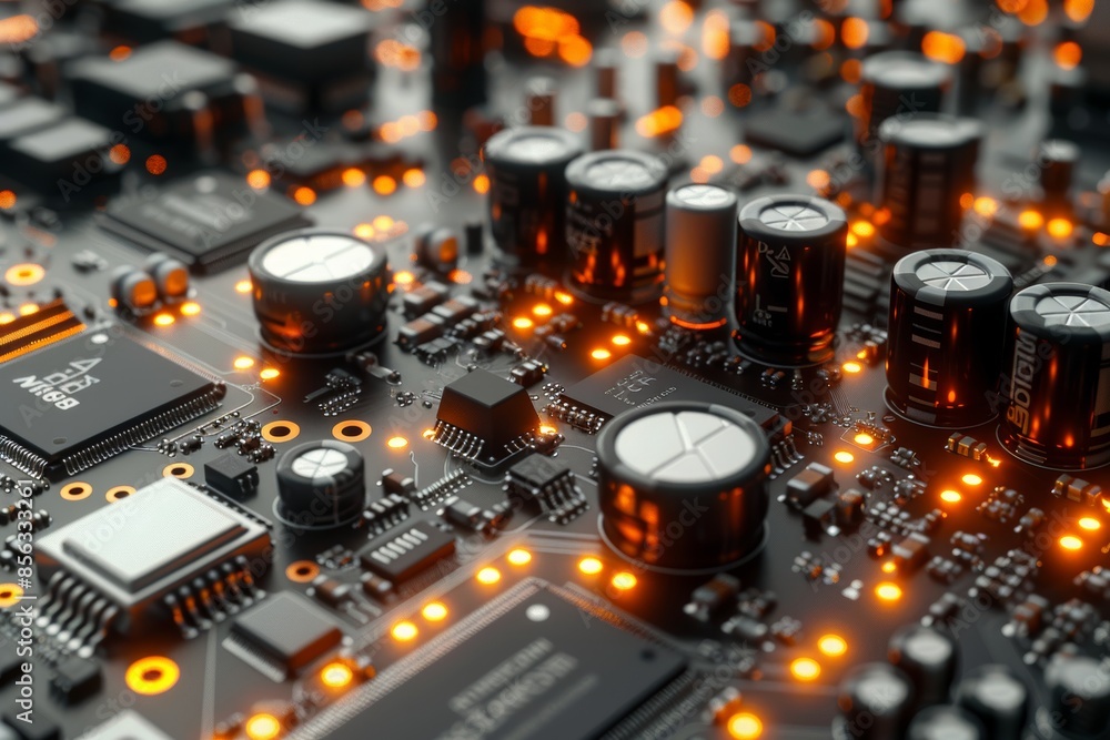 Poster Close-up of a circuit board with glowing components, highlighting advanced technology and the intricate details of modern electronics, Generative AI
