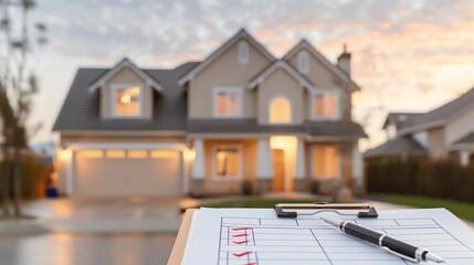 A well-lit suburban house with a for sale sign and a clipboard in the foreground, symbolizing real estate or home buying process.