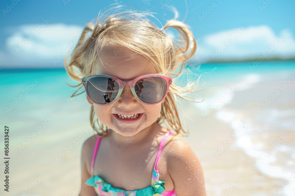 Wall mural A cute little girl wearing sunglasses and a pink and green swimming suit is playing on the beach, smiling happily