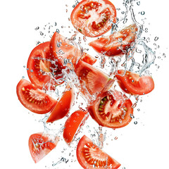 Fresh Tomato Slices with Splashing Water on Transparent Background. Perfect for healthy eating concepts, fresh produce advertisements, or vibrant food illustrations.