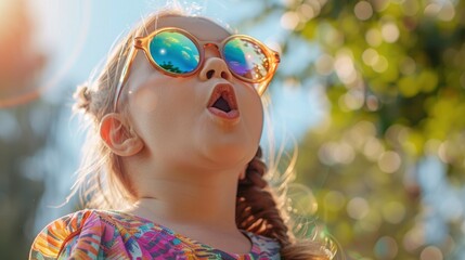 A Little Girl With Funny Kaleidoscope Glasses Looks To The Sky With Her Mouth Open In Wonder