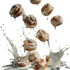 Delicious Cinnamon Rolls in Milk Splash on Transparent Background. Perfect for bakery advertising, recipe cards, food blogs, social media marketing, and dynamic food photography concepts.