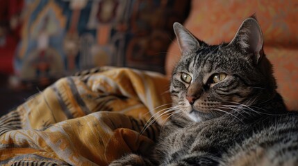 Attractive grey tabby cat in cozy home setting room for text Adorable pet