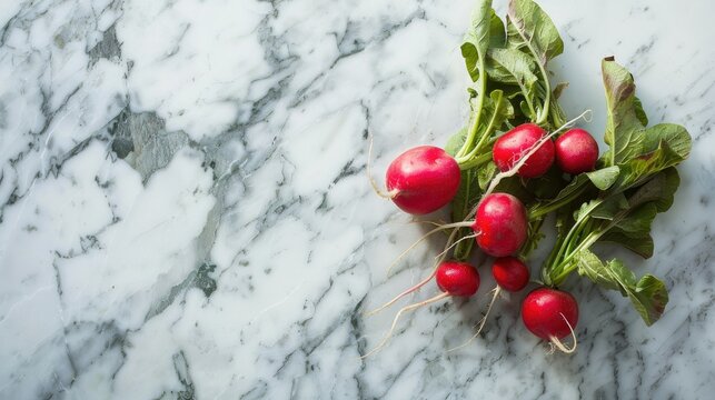 A small group of radishes on a marble surface Top notch quality