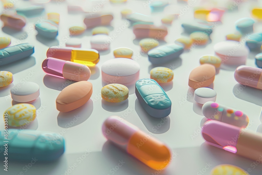 Poster close-up of colorful pills and capsules on white surface, highlighting texture and details for a cli