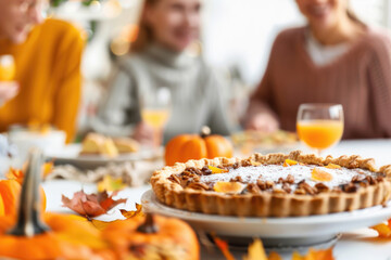 Thanksgiving family dinner. Traditional pumpkin pie and vegan meal close up, with blurred happy people around the table celebrating the holiday.