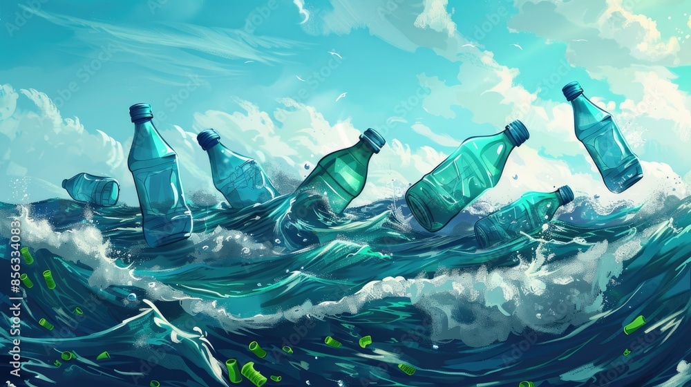 Sticker Illustration depicting the urgent need to halt ocean plastic pollution by showcasing plastic bottles amidst the rolling waves of the sea