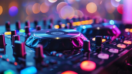 Close-up of vibrant DJ turntable with colorful lights, capturing the essence of nightlife and music production.