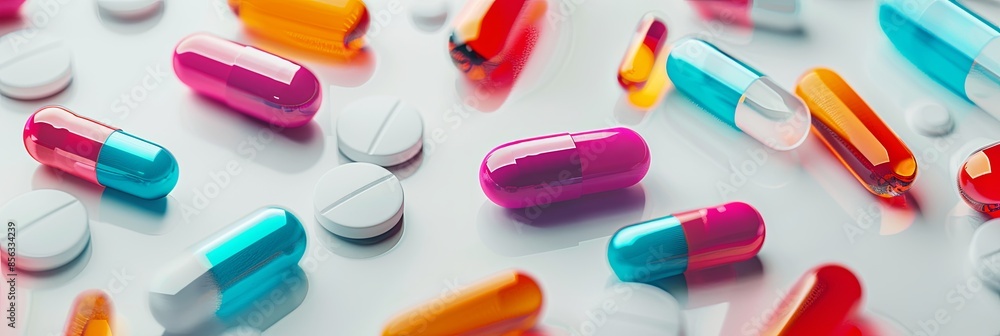 Poster close-up shot of various colorful pills and capsules scattered on a clean white background, highligh