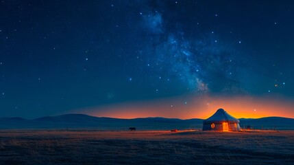 A yurt is lit up under the stars.