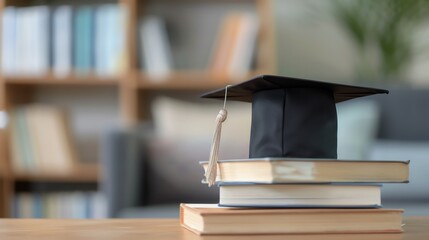 Graduation cap on top of stacked books in a cozy library setting, symbolizing education and academic achievement. Focus on studying.