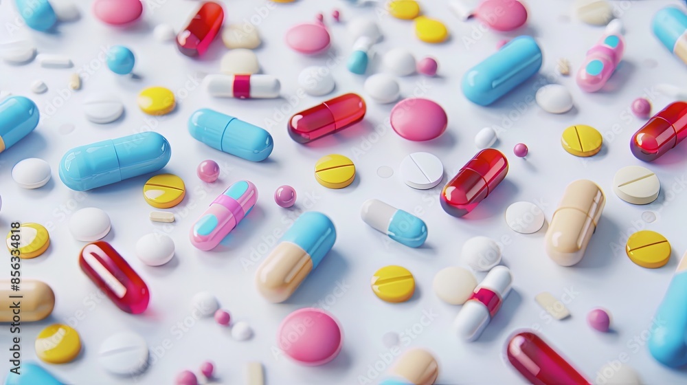 Aufkleber a close-up shot of various colorful pills and capsules scattered on a clean white background, showca