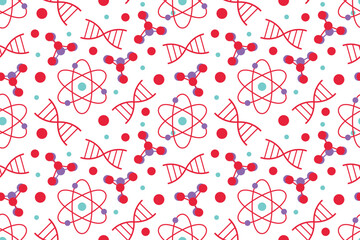 Science seamless pattern with the symbols of science, laboratory and chemistry. Repetitive vector illustration on transparent background.