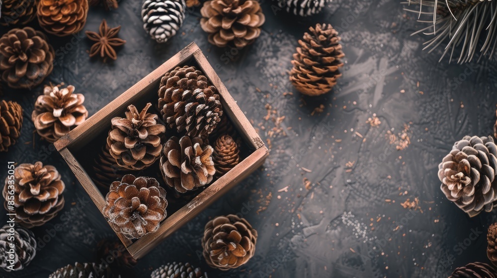 Poster pine cones and seeds in box on table viewed from above