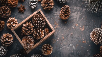 Pine cones and seeds in box on table viewed from above