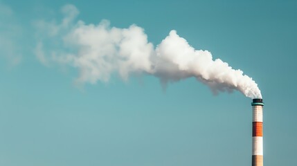 Industrial chimney emitting smoke against a clear blue sky, showcasing air pollution and environmental impact.