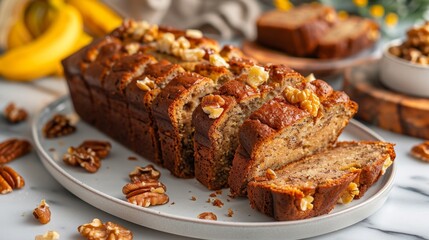 banana walnut bread, moist homemade banana bread loaf with walnuts, sliced and served on a white plate a delicious treat