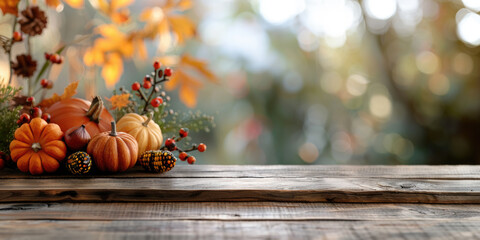 Wooden table with autumn decoration, pumpkins, maple leaves and corns on blurred nature background