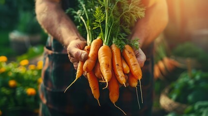 Close-up of hand of a senior man holding freshly harvested carrots. Elderly person's hands holding bunch of carrots in the farm - Generative AI