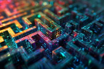 Obraz premium Abstract digital maze with vibrant, multicolored neon lights and intricate pathways