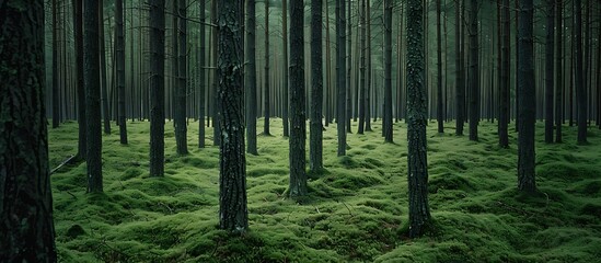 Magic pinewood lawn. Dark toned green forest. Beautiful natural background - Generative AI