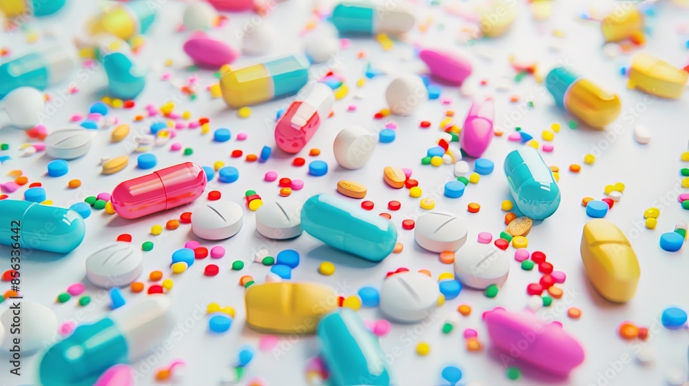 Poster a close-up of various colorful pills and capsules scattered on a white surface. the focus is on the 