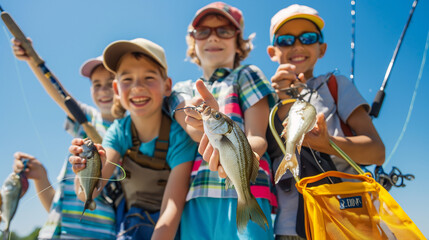 Group of children proudly displaying their catch