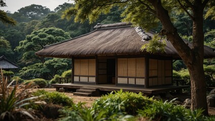 A traditional thatched roof Japanese house preserved at a public park in Sanda, Hyogo, Japan.