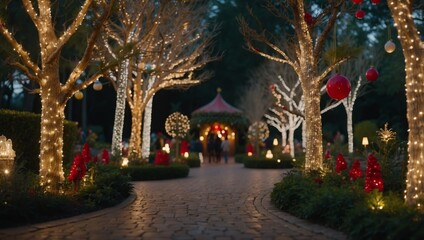 Obraz premium A whimsical holiday garden adorned with sparkling lights and whimsical decorations, with winding paths leading past festive displays and illuminated trees,.